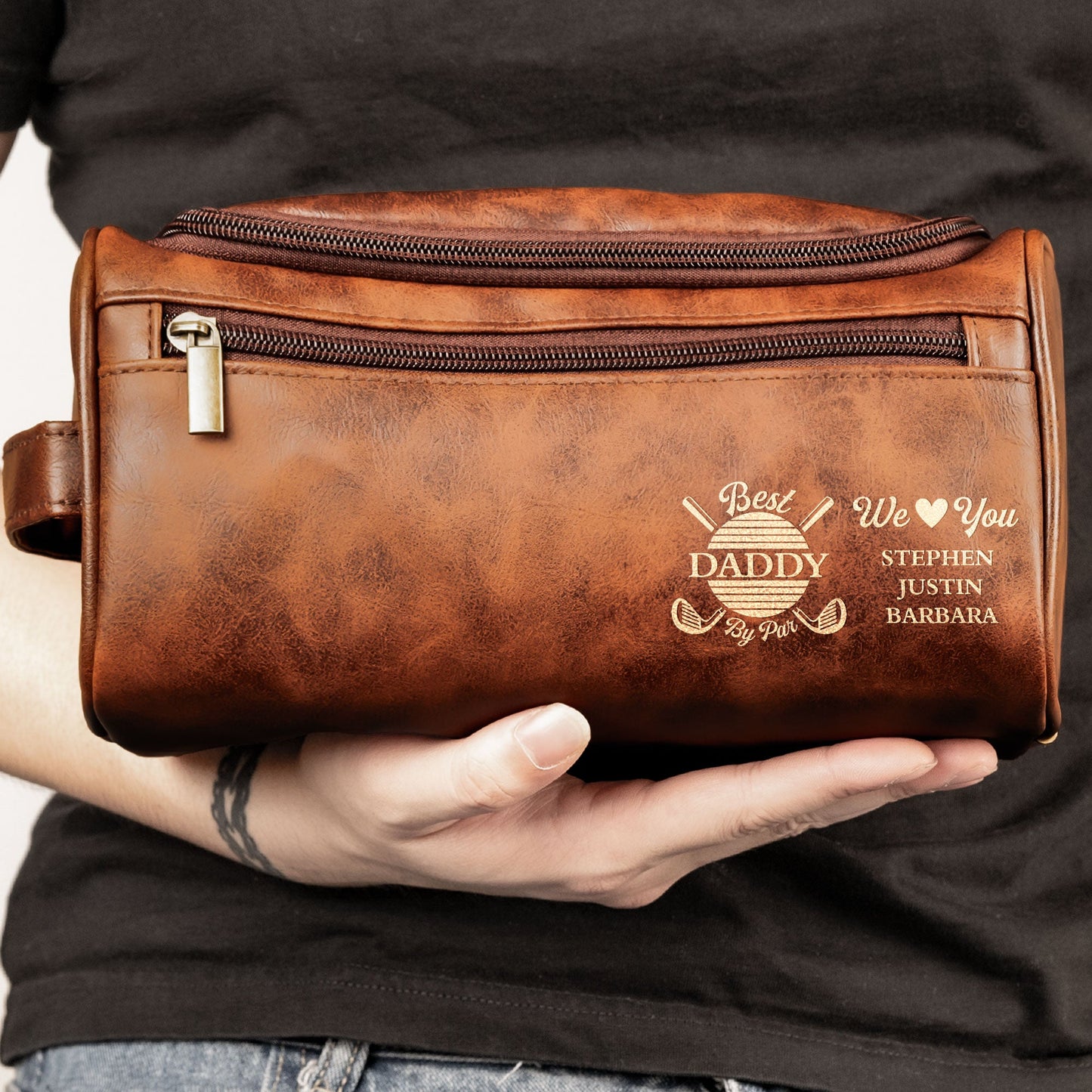 Best Daddy By Par We Love You - Personalized Leather Toiletry Bag