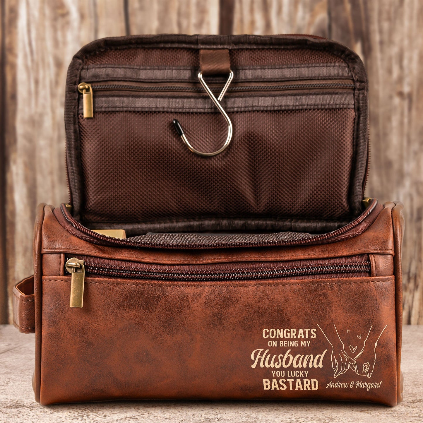Congrats On Being My Husband You Lucky Bastard - Personalized Leather Toiletry Bag