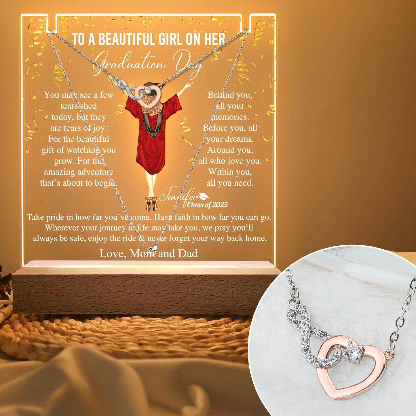 Graduation Gifts For Her - Personalized LED Light Acrylic Plaque With Infinity Necklace