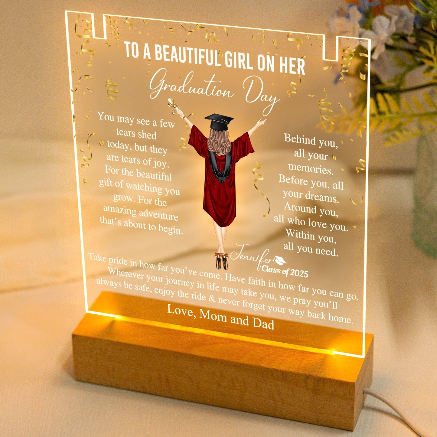 Graduation Gifts For Her - Personalized LED Light Acrylic Plaque With Infinity Necklace