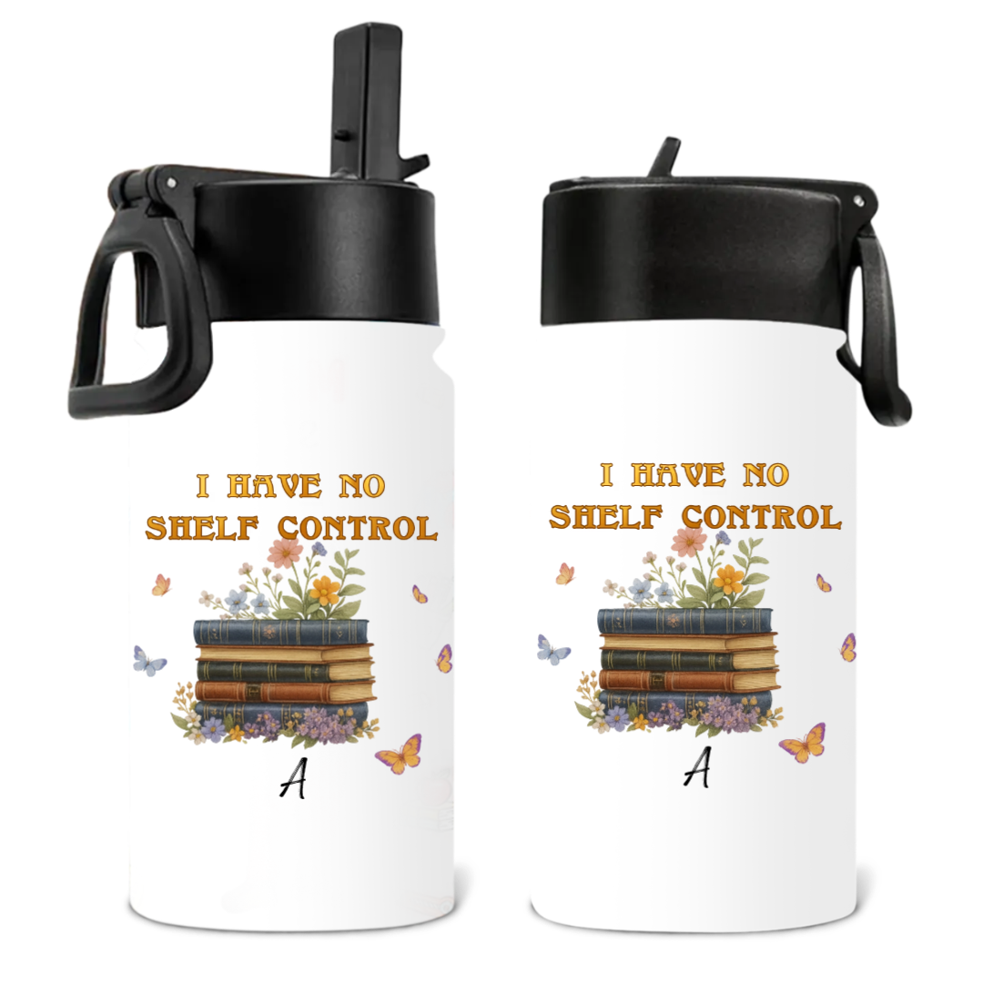 Book Lover Water Bottle – “I Have No Shelf Control” Floral Stack Design – Twinkle & Twine