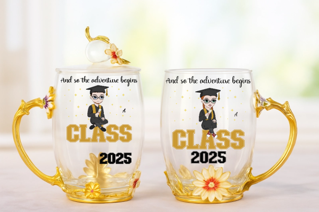 Class of 2025 Graduation Mug – “And So the Adventure Begins” Custom Glass Gift – Twinkle & Twine