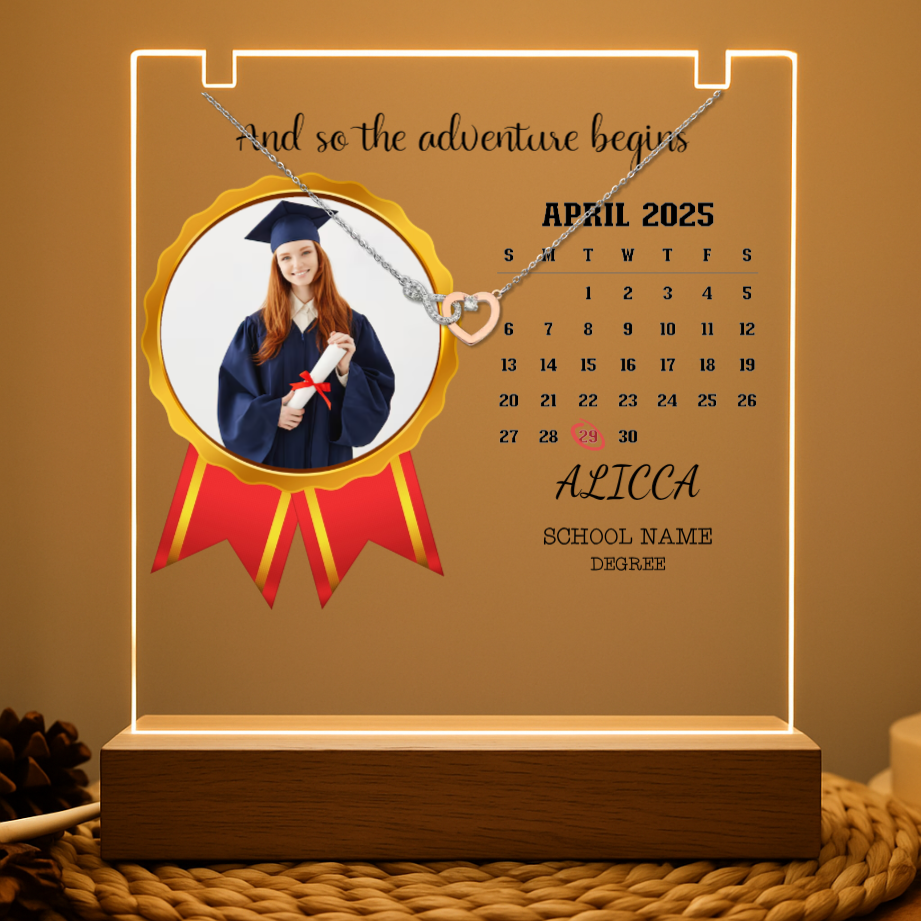 Personalized Graduation Calendar Acrylic Sign – "And So the Adventure Begins" with Photo, Name & Date
