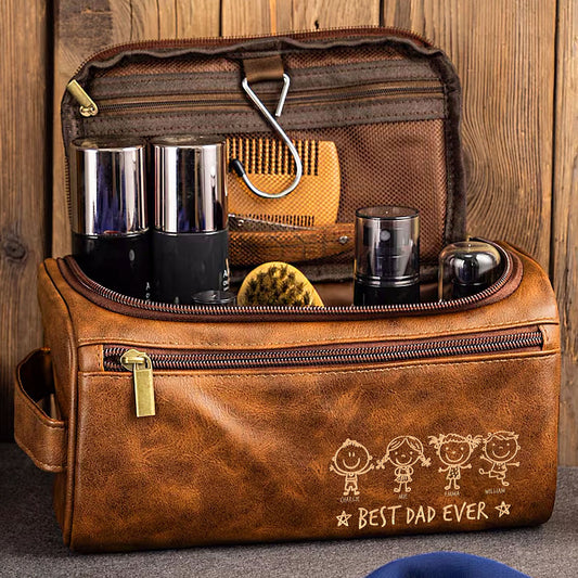 Best Dad Ever  Stick Figure Version  Personalized Leather Toiletry Bag – Twinkle & Twine