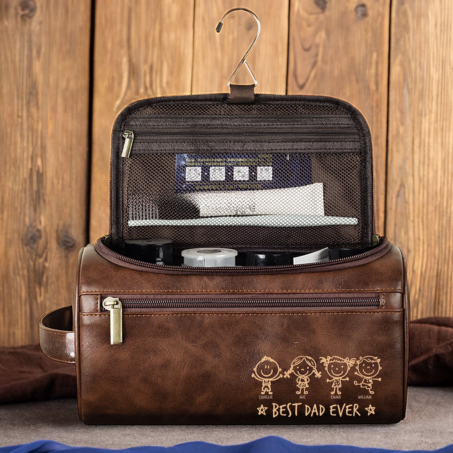 Best Dad Ever  Stick Figure Version  Personalized Leather Toiletry Bag – Twinkle & Twine