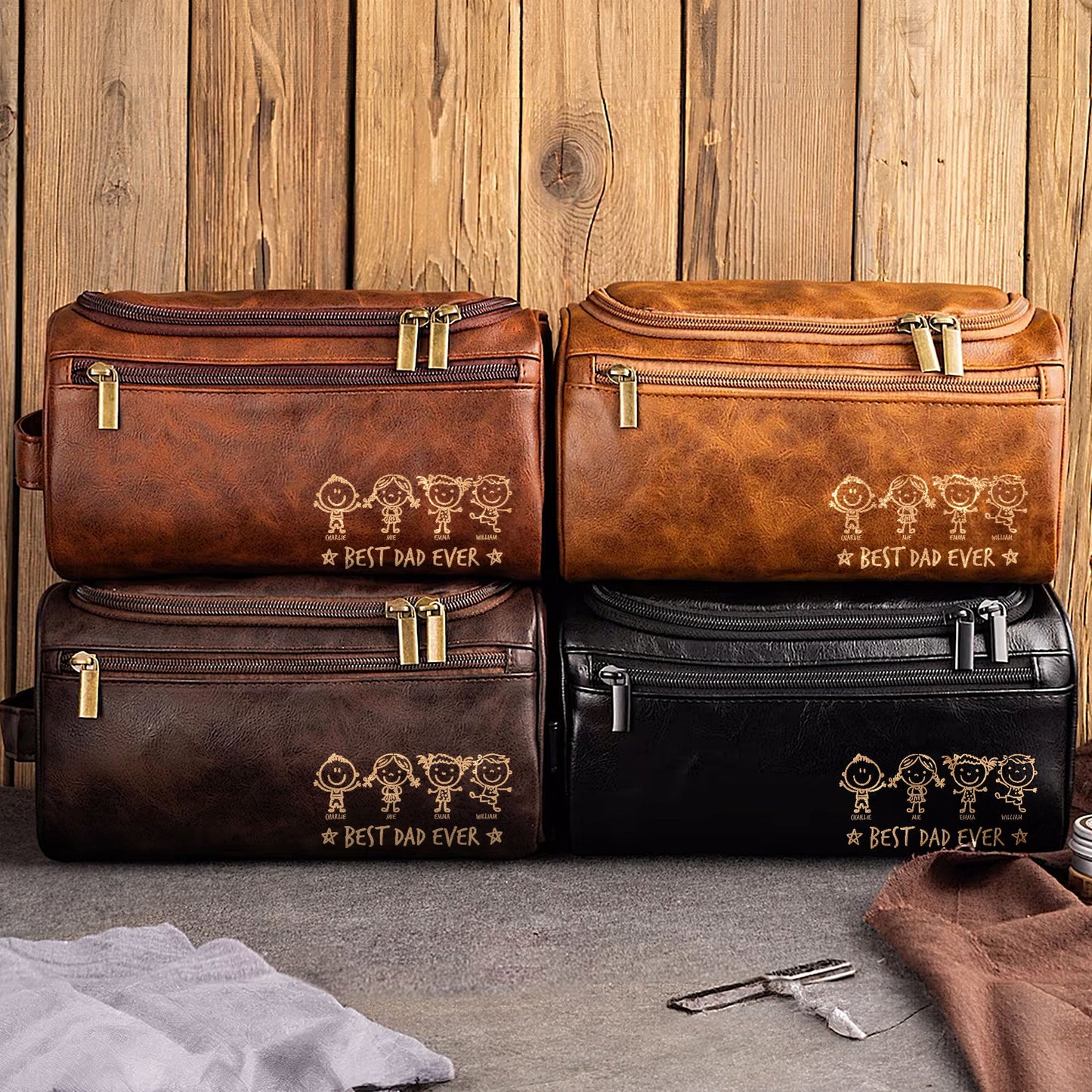 Best Dad Ever  Stick Figure Version  Personalized Leather Toiletry Bag – Twinkle & Twine