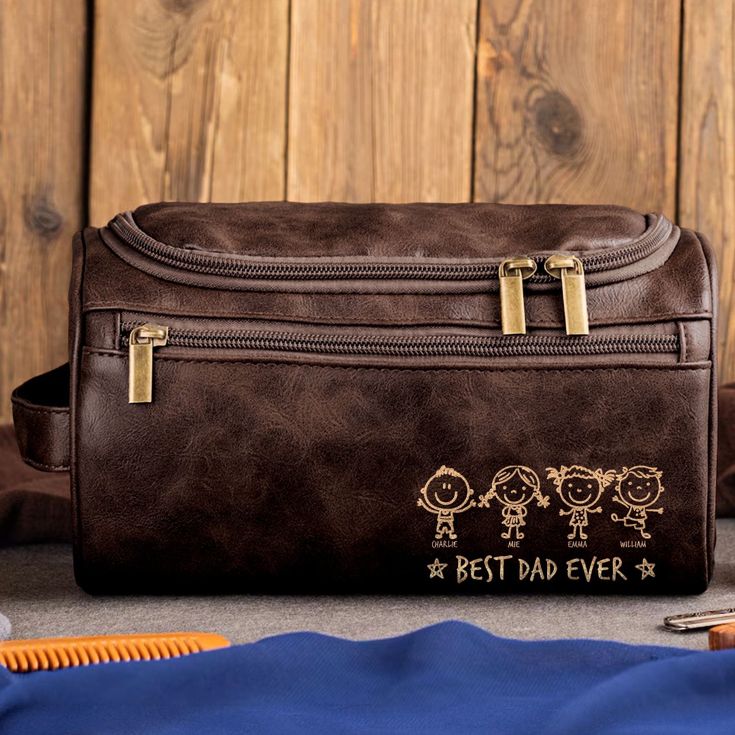 Best Dad Ever  Stick Figure Version  Personalized Leather Toiletry Bag – Twinkle & Twine