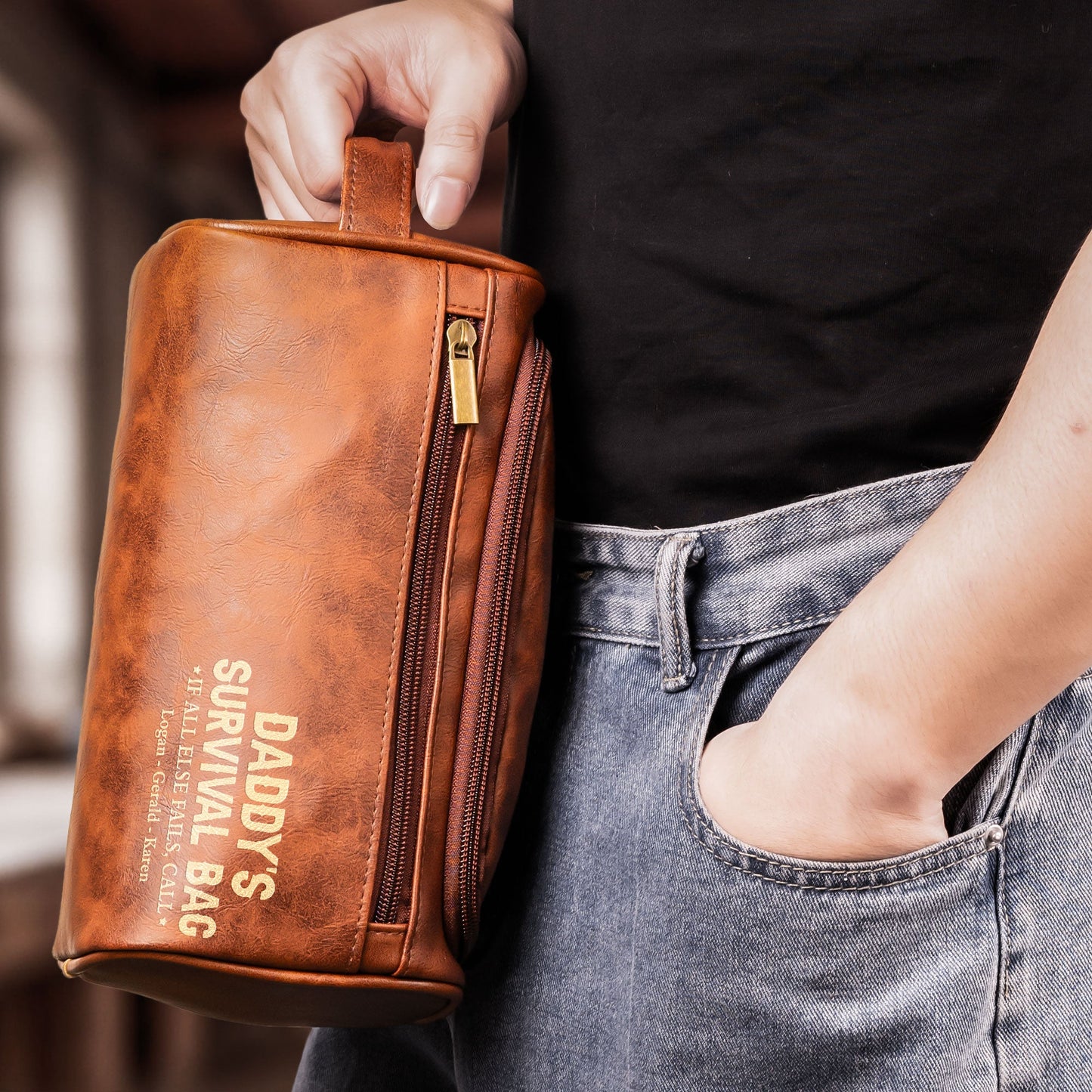 Dad's Survival Bag If All Else Fails - Fun Gifts From Kids - Personalized Leather Toiletry Bag