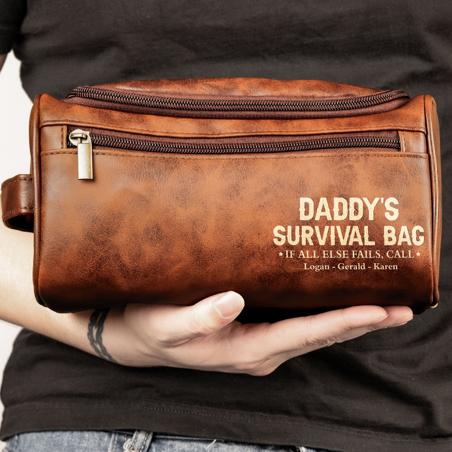 Dad's Survival Bag If All Else Fails - Fun Gifts From Kids - Personalized Leather Toiletry Bag