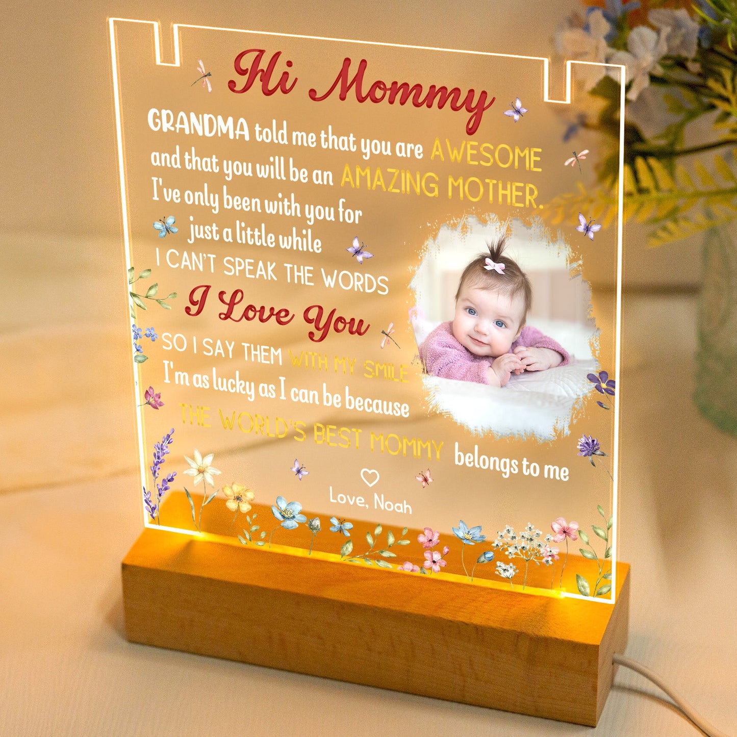 First Mom New Mom Gift - Personalized LED Light Acrylic Photo Plaque With Infinity Necklace