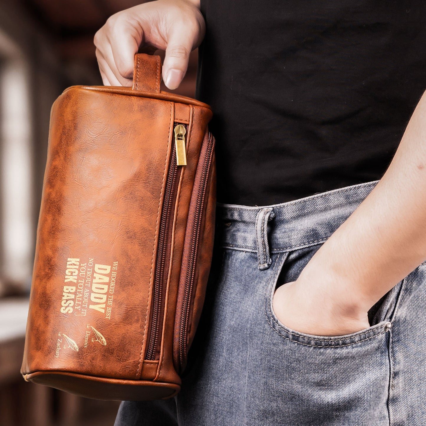 Hooked The Best Dad No Trout You Totally Kick Bass - Personalized Leather Toiletry Bag