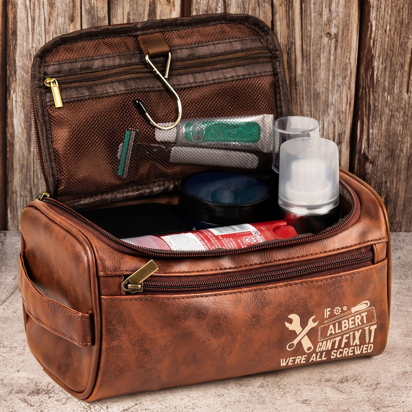 If He Cant Fix It Were All Screwed  For Dad Husband Papa  Personalized Leather Toiletry Bag – Twinkle & Twine