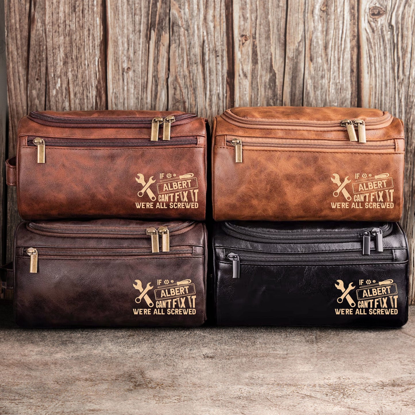 If He Cant Fix It Were All Screwed  For Dad Husband Papa  Personalized Leather Toiletry Bag – Twinkle & Twine