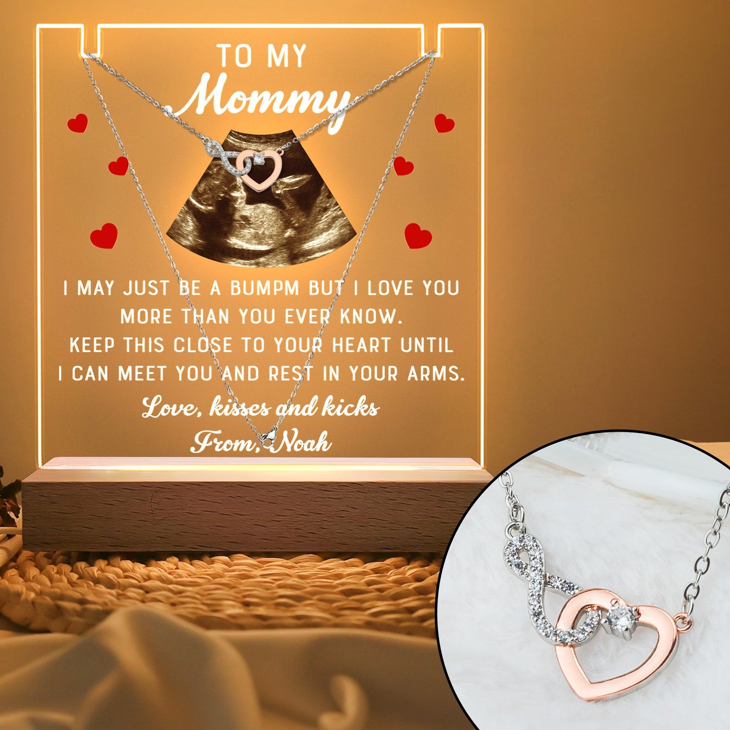 Mom To Be Mother's Day - Personalized LED Light Acrylic Photo Plaque With Infinity Necklace