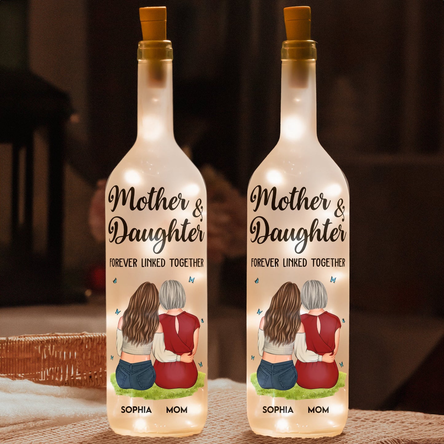 Custom Bottle Lamp - Mother And Daughter Forever Linked Together - Personalized Bottle Lamp - Twinkle & Twine