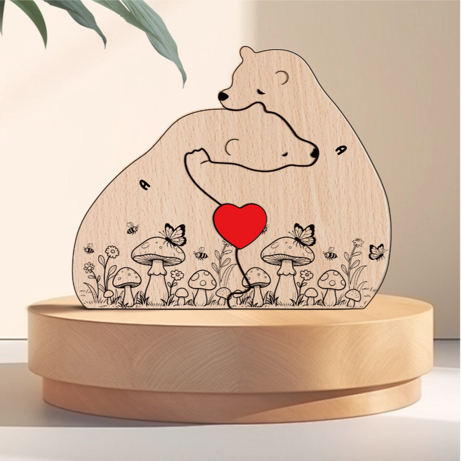 Hugging Bear Family Floral mushrom Version  Personalized Wooden Bear Family Puzzle – Twinkle & Twine