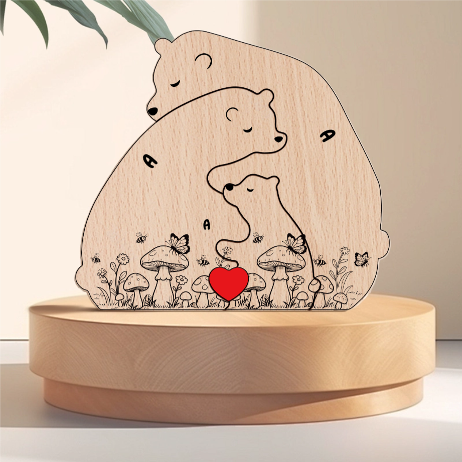 Hugging Bear Family Floral mushrom Version  Personalized Wooden Bear Family Puzzle – Twinkle & Twine