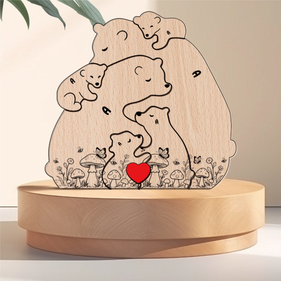 Hugging Bear Family Floral mushrom Version  Personalized Wooden Bear Family Puzzle – Twinkle & Twine