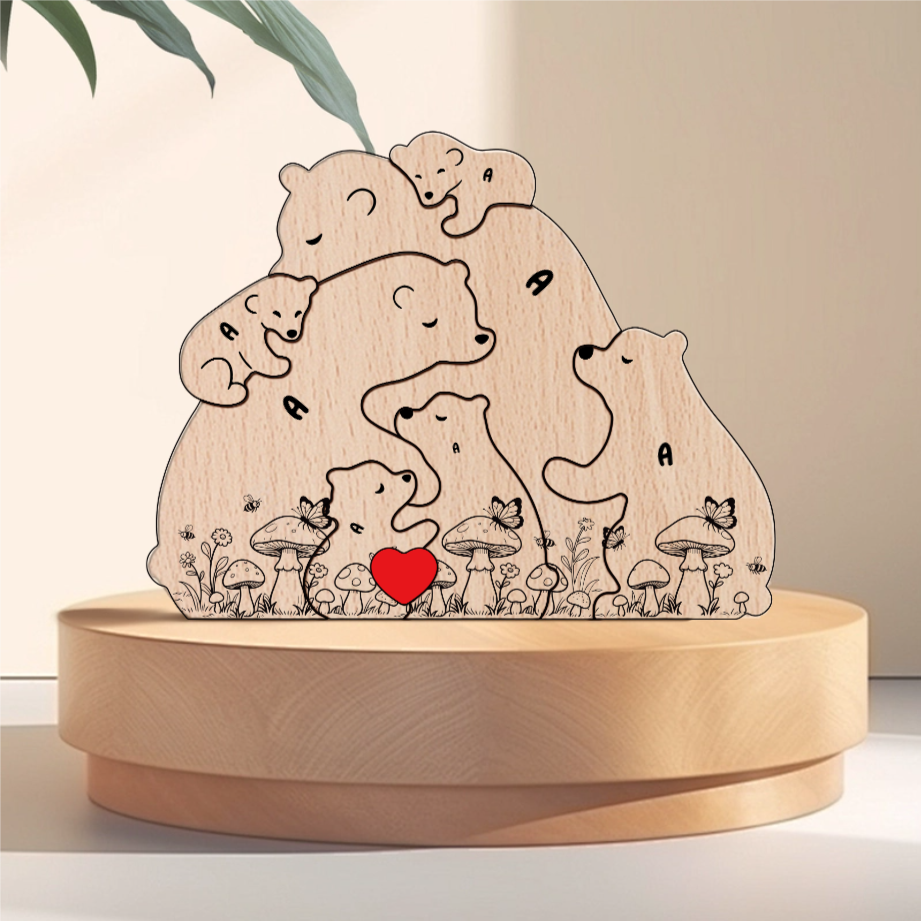 Hugging Bear Family Floral mushrom Version  Personalized Wooden Bear Family Puzzle – Twinkle & Twine