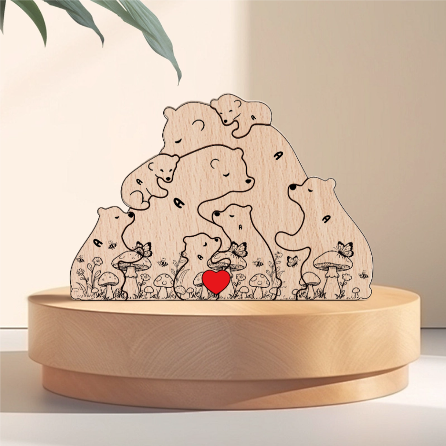 Hugging Bear Family Floral mushrom Version  Personalized Wooden Bear Family Puzzle – Twinkle & Twine