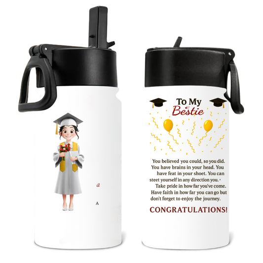 Graduation Water Bottle – “To My Bestie” Custom Character & Quote – Twinkle & Twine