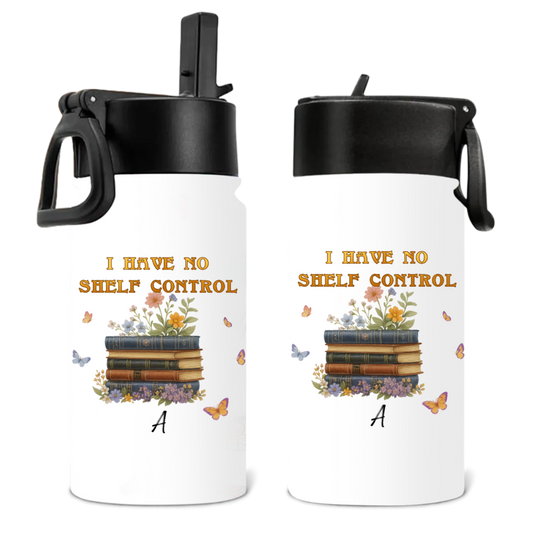 Book Lover Water Bottle – “I Have No Shelf Control” Floral Stack Design – Twinkle & Twine