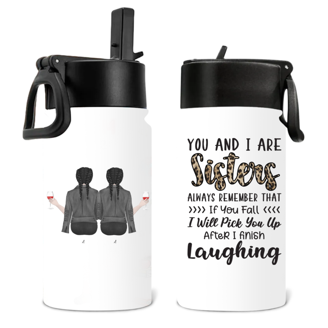 Sisters Funny Quote Water Bottle – Custom Characters Holding Wine – Twinkle & Twine