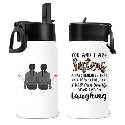Sisters Funny Quote Water Bottle – Custom Characters Holding Wine – Twinkle & Twine