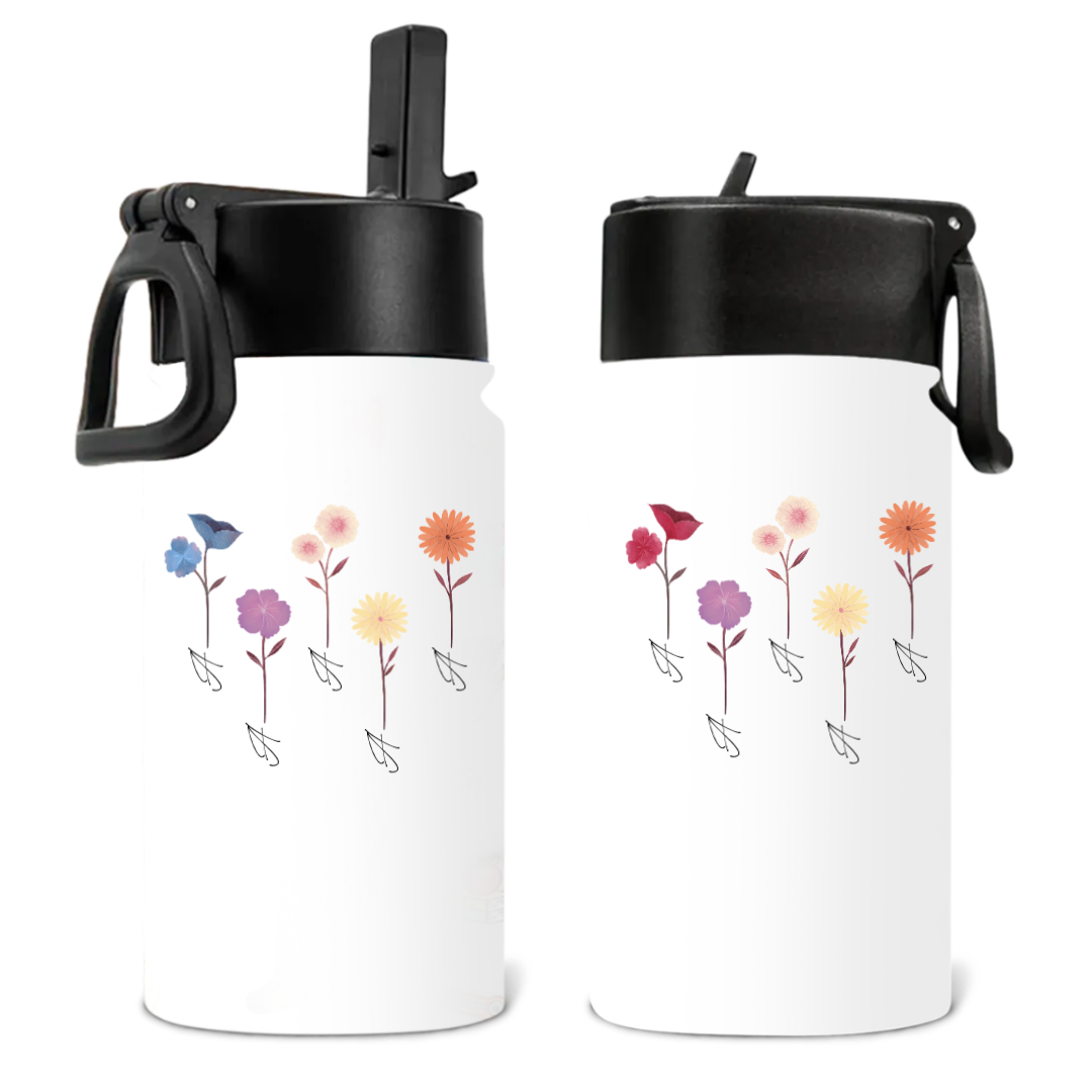 Custom Birth Month Flower Water Bottle – Multiple Floral Icons with Initials – Twinkle & Twine