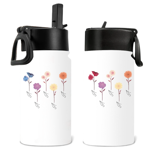 Custom Birth Month Flower Water Bottle – Multiple Floral Icons with Initials – Twinkle & Twine