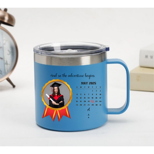 Custom Graduation Calendar Mug – “And So the Adventure Begins” with Photo & Date – Twinkle & Twine