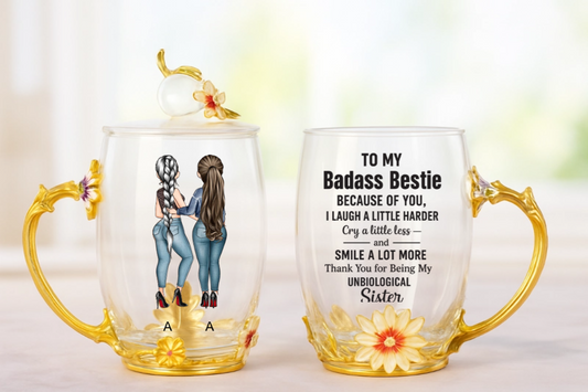 Personalized Best Friend Glass Mug – Badass Bestie Floral Cup – Twinkle & Twine