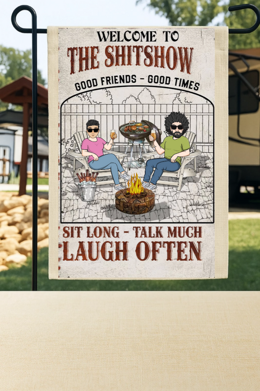 Funny Personalized Garden Flag – “Welcome to the Sh*tshow” Firepit BBQ Design