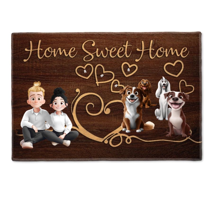 Personalized "Home Sweet Home" Doormat with Couple & Dogs – Custom Characters – Twinkle & Twine
