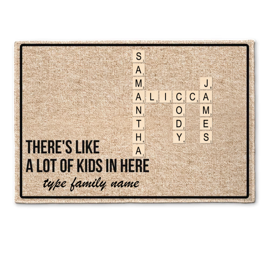 Personalized "There's Like A Lot Of Kids In Here" Crossword Doormat – Custom Names – Twinkle & Twine