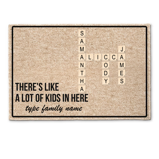 Personalized "There's Like A Lot Of Kids In Here" Crossword Doormat – Custom Names – Twinkle & Twine