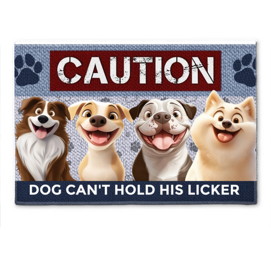 Personalized "Caution: Dog Can't Hold His Licker" Funny Dog Doormat – Custom Dog Breeds – Twinkle & Twine
