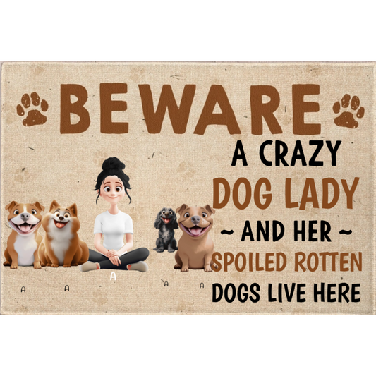 Personalized "Beware A Crazy Dog Lady & Her Spoiled Rotten Dogs Live Here" Funny Dog Doormat – Custom Dog Breeds – Twinkle & Twine