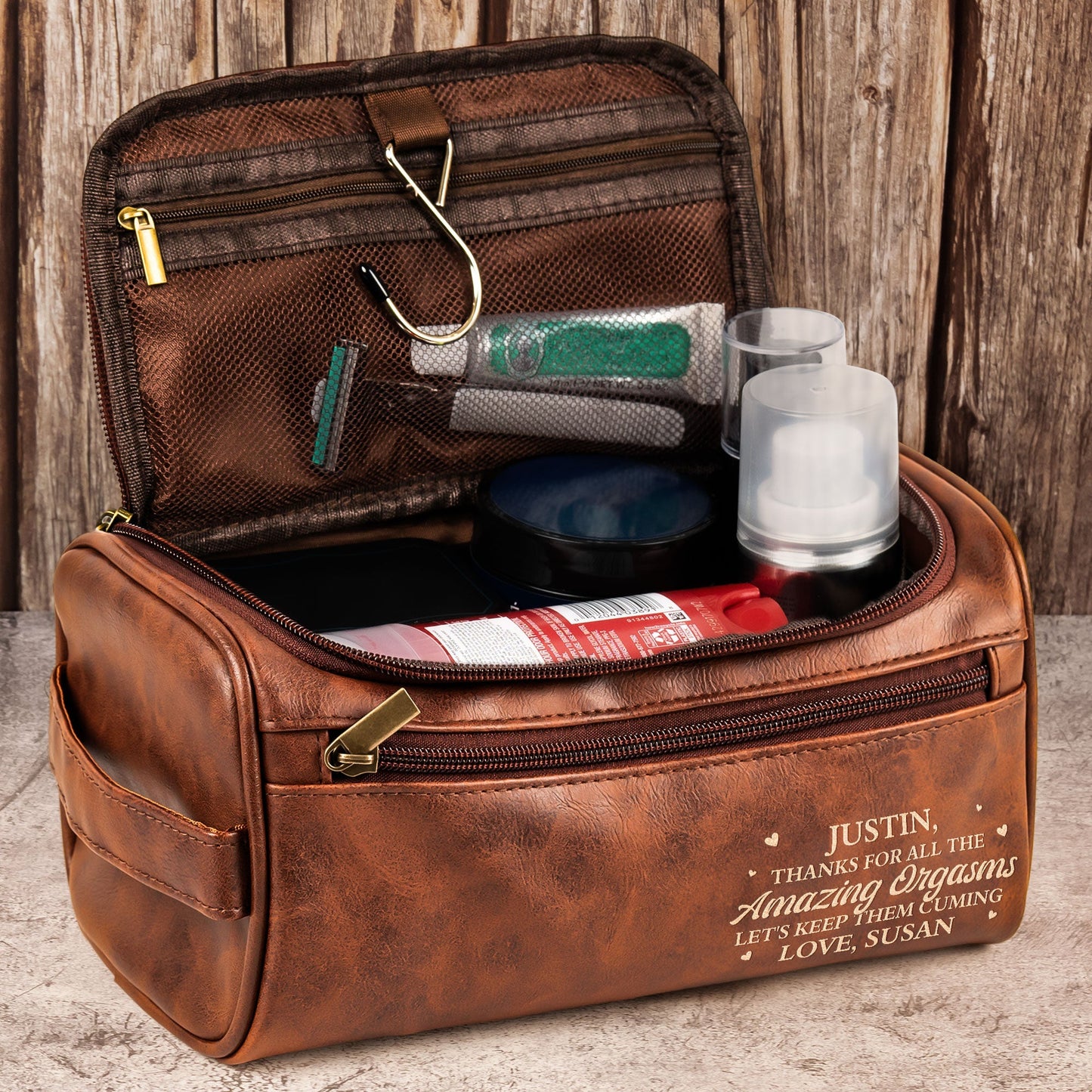 Thanks For All The Amazing Orgasms - Personalized Leather Toiletry Bag